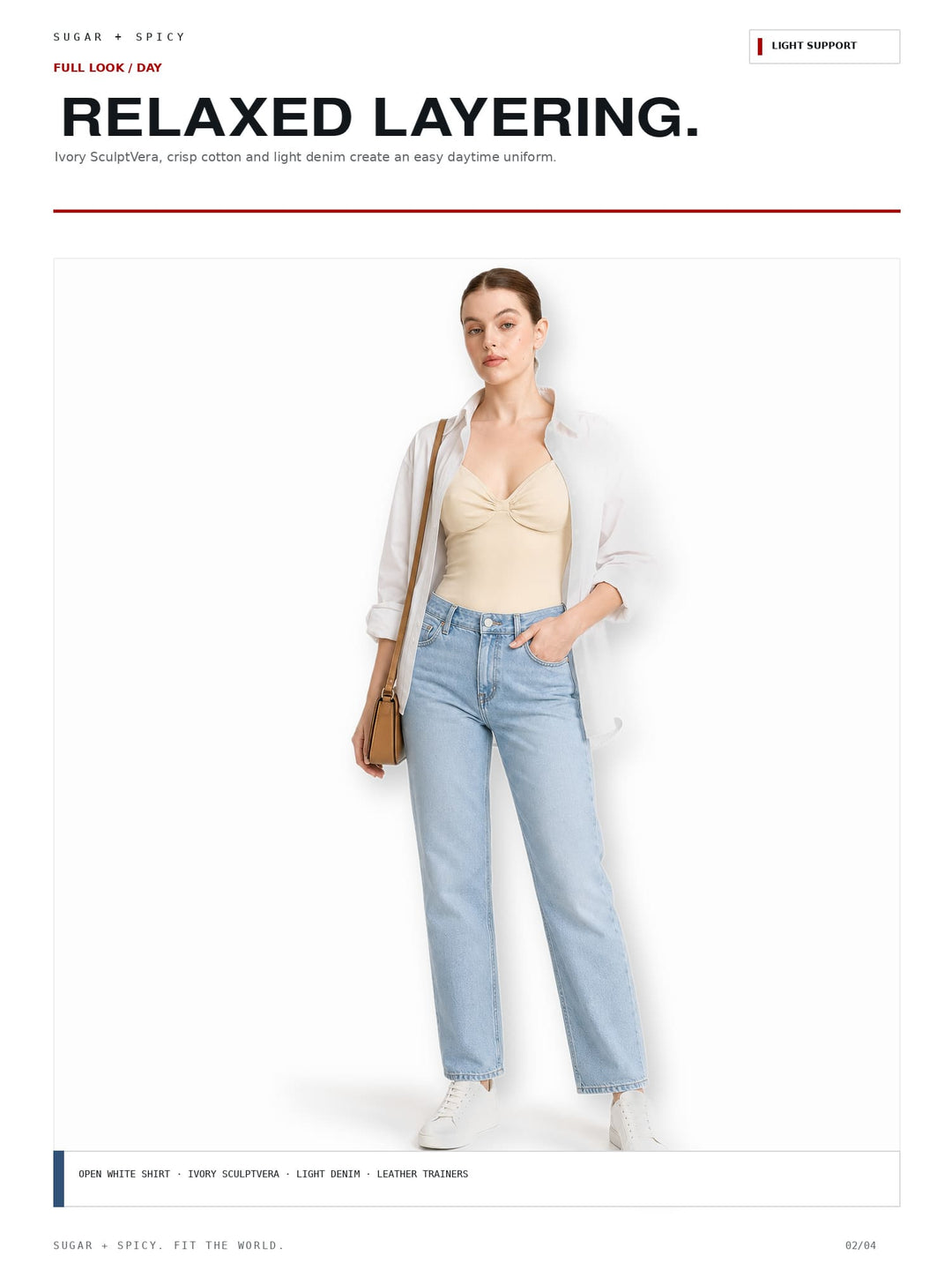 A fashion editorial-style full-body photo of a woman modeling a light beige camisole, white open shirt, light blue relaxed-fit jeans, white sneakers, and a tan shoulder bag against a plain white background. Large headline text at the top reads &