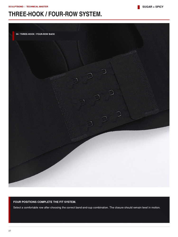 A close-up product detail shot of a black back support belt with hook-and-loop fastening, shown on a white background with printed feature text above and below.