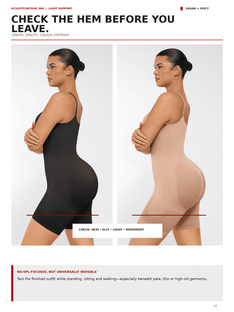 A product comparison page showing a woman from the back in two fitted bodysuit/lingerie-style garments: one black and one nude/beige, with text reading 'CHECK THE HEM BEFORE YOU LEAVE.' and 'SUGAR + SPICY.
