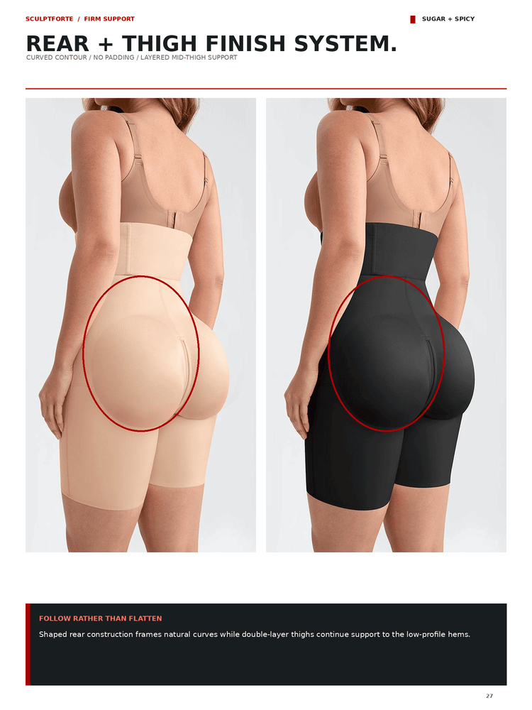 A product comparison graphic showing two rear-view model photos wearing shapewear. The left photo shows a model in a beige shapewear brief with a red circle highlighting the rear contouring.