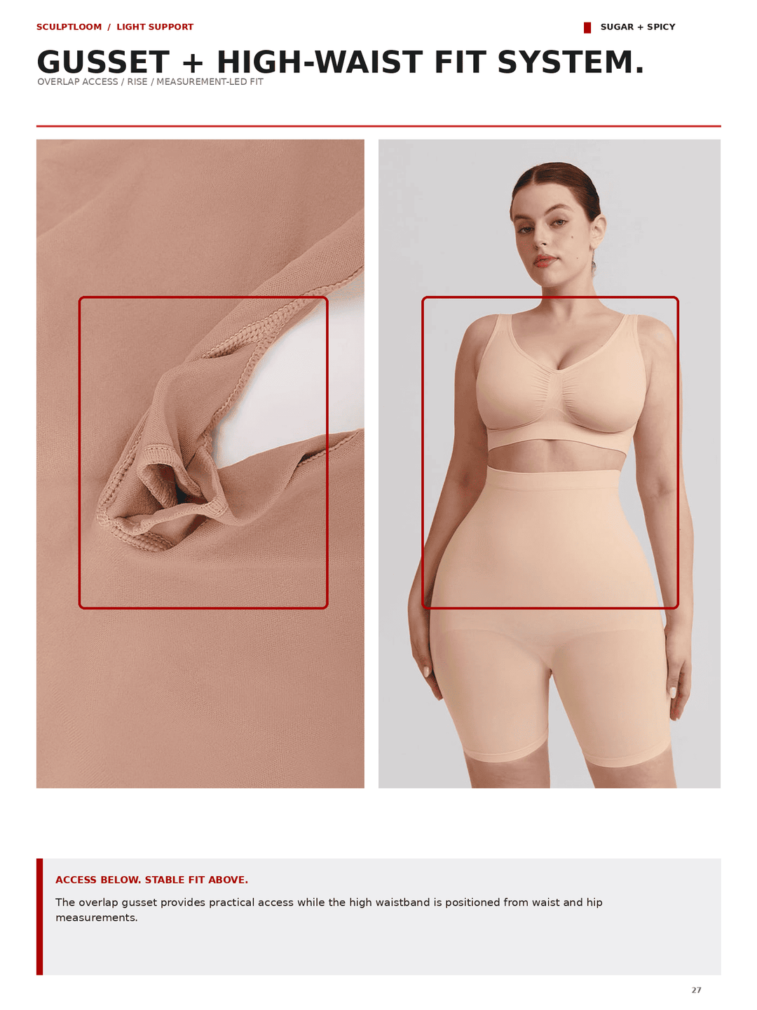 A model wears a beige high-waisted compression garment with a seamless bust and high-waist band, shown alongside a close-up of the fabric and a red measurement guide. Text at the top reads &
