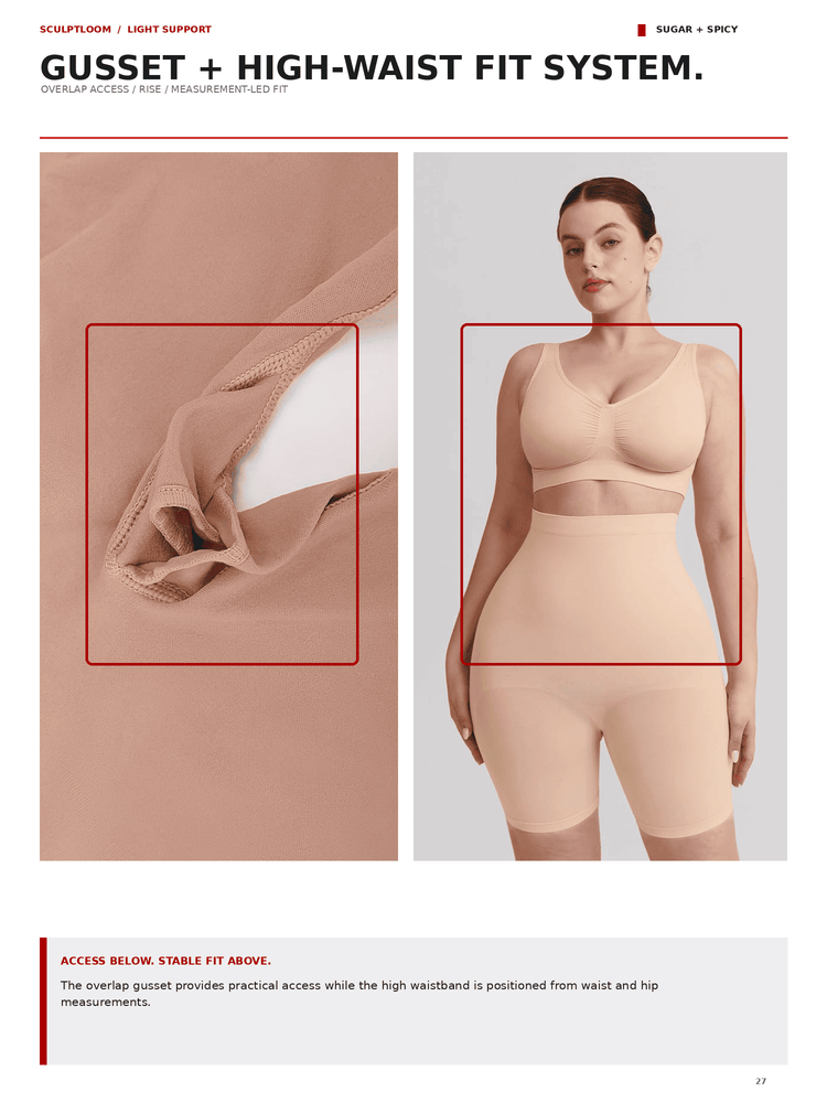 A model wears a beige high-waisted compression garment with a seamless bust and high-waist band, shown alongside a close-up of the fabric and a red measurement guide. Text at the top reads 'GUSSET + HIGH-WAIST FIT SYSTEM.