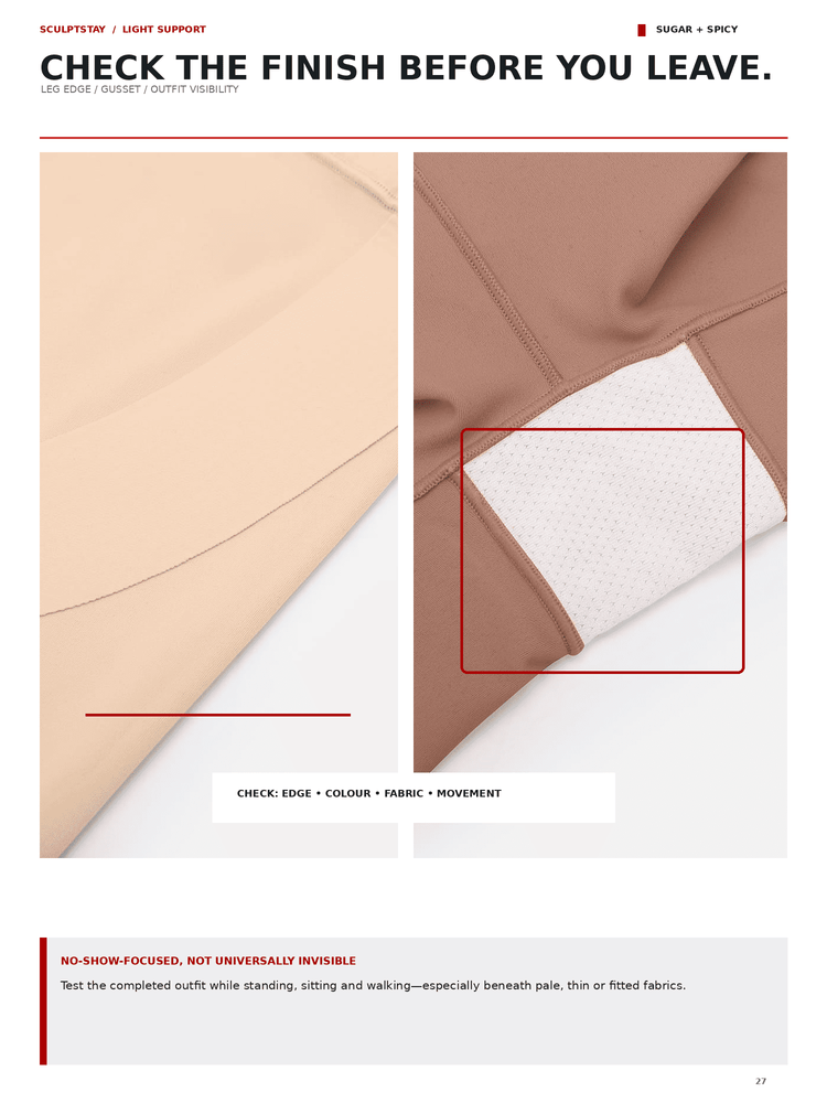 A catalog page showing two close-up views of a garment's edge and fabric detail. The left panel shows a smooth beige fabric edge, while the right panel shows a brown fabric edge with a white textured lining highlighted by a red square box.