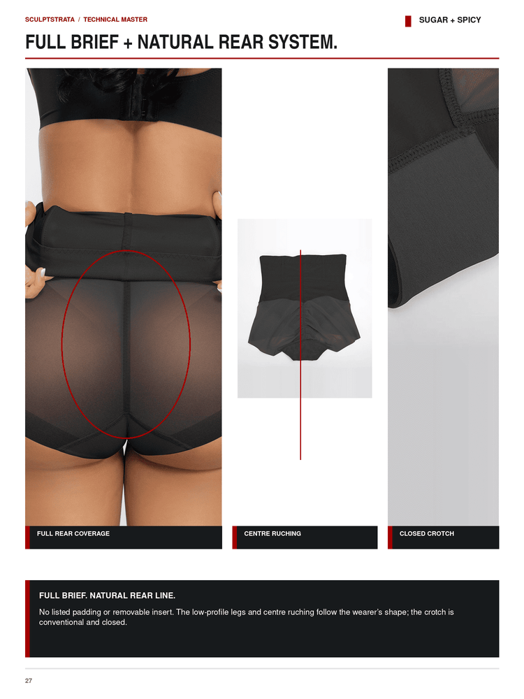 Technical catalog page showing close-up views of a black sheer brief with natural rear shaping, including a full rear coverage view with a red circle overlay, a center ruching detail, a closed crotch detail, and explanatory text.