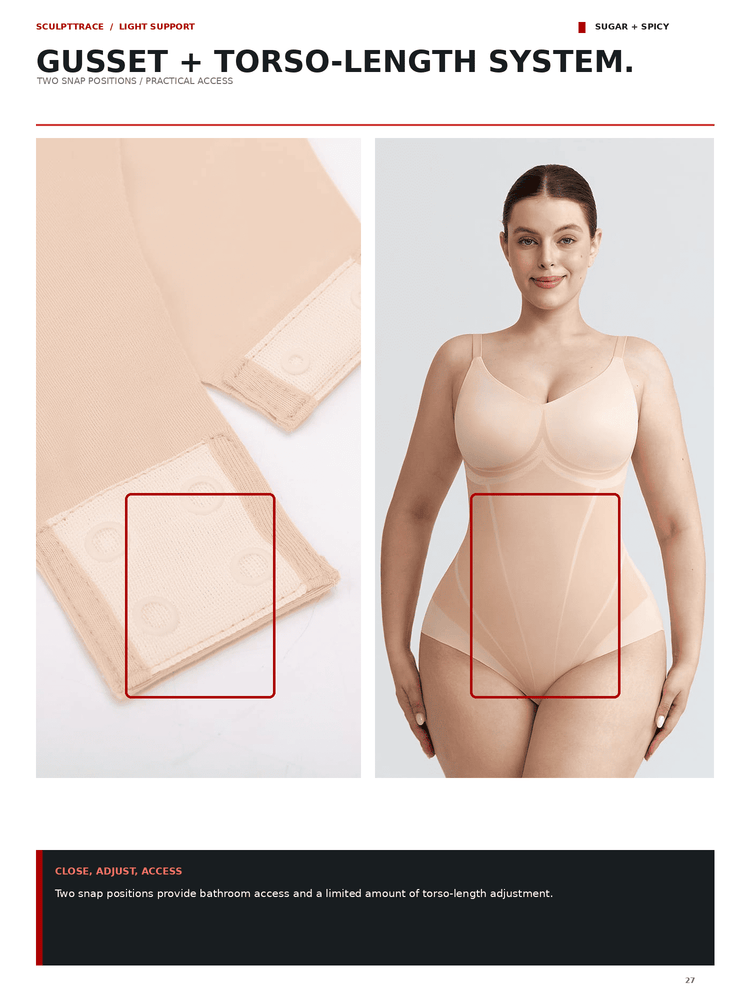 A catalog page for a seamless shapewear product showing a model wearing a beige torso-length shapewear bodysuit, alongside close-up views of the fabric and a folded garment. The page includes text headings and a black footer bar.