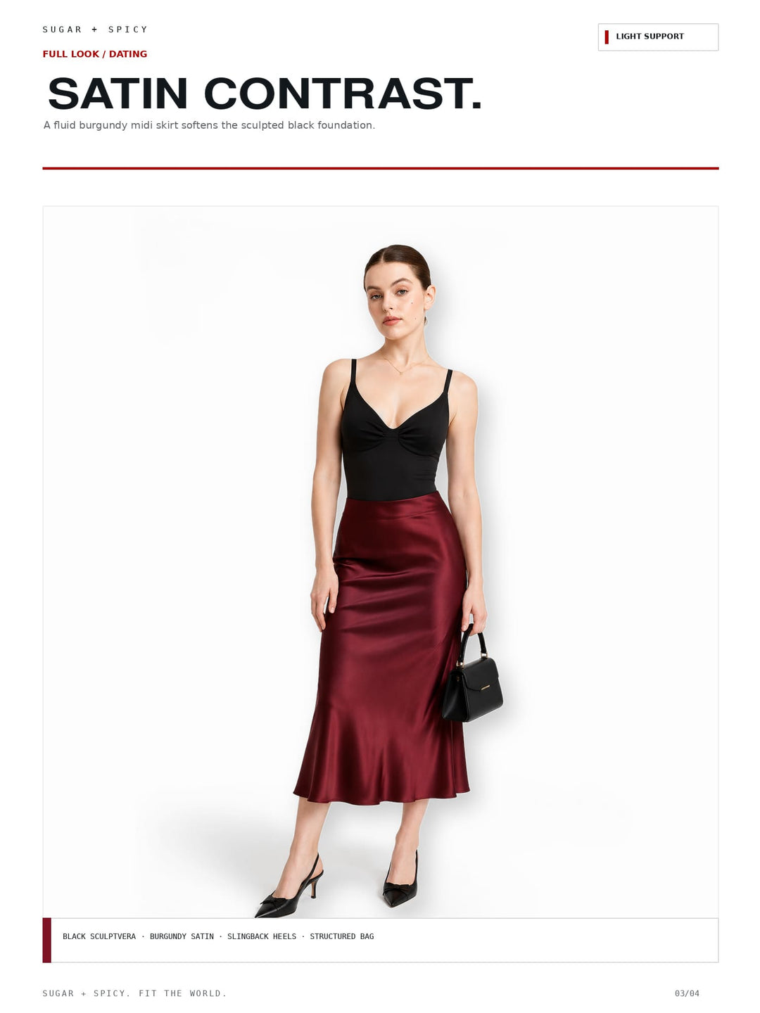 A model wears a satin contrast dress featuring a black sweetheart bodice and a deep burgundy skirt, holding a small black handbag against a white background with text overlays.