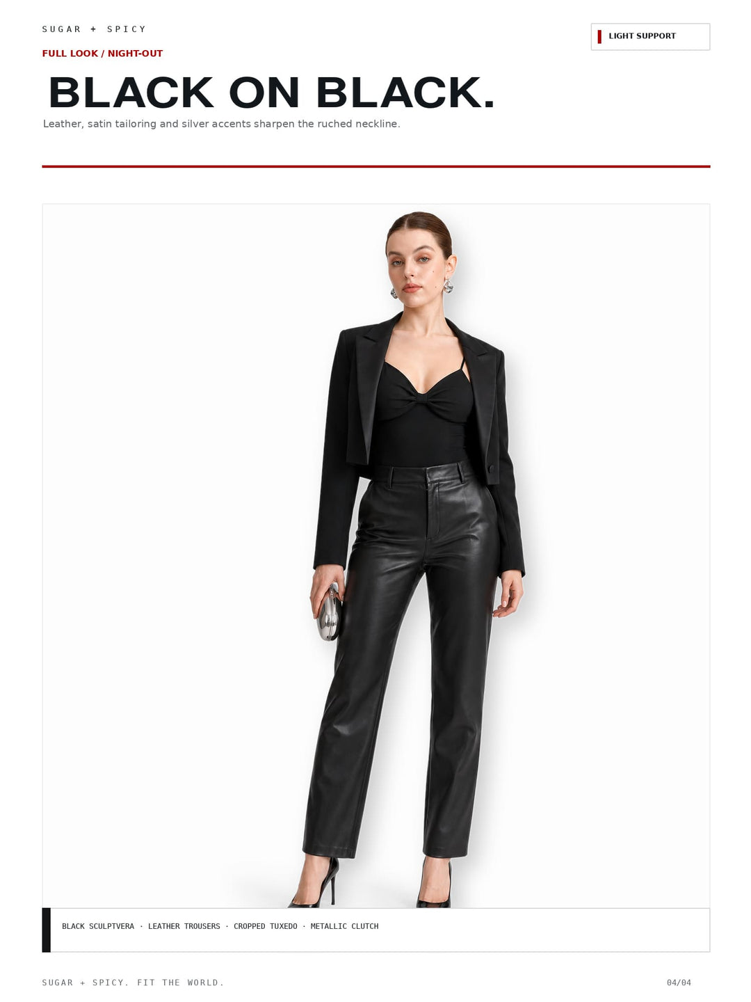 A model wearing a black leather blazer, black wrap-style top, and black leather pants, standing against a plain white background. The image is presented as a catalog page with text headers reading &