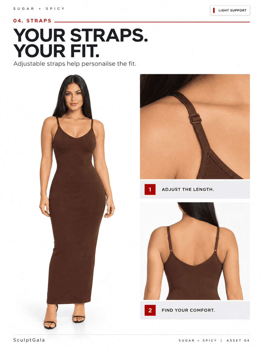 A promotional fit-and-straps graphic for a brown spaghetti-strap dress. The left side shows a model wearing the dress against a white background with text reading &