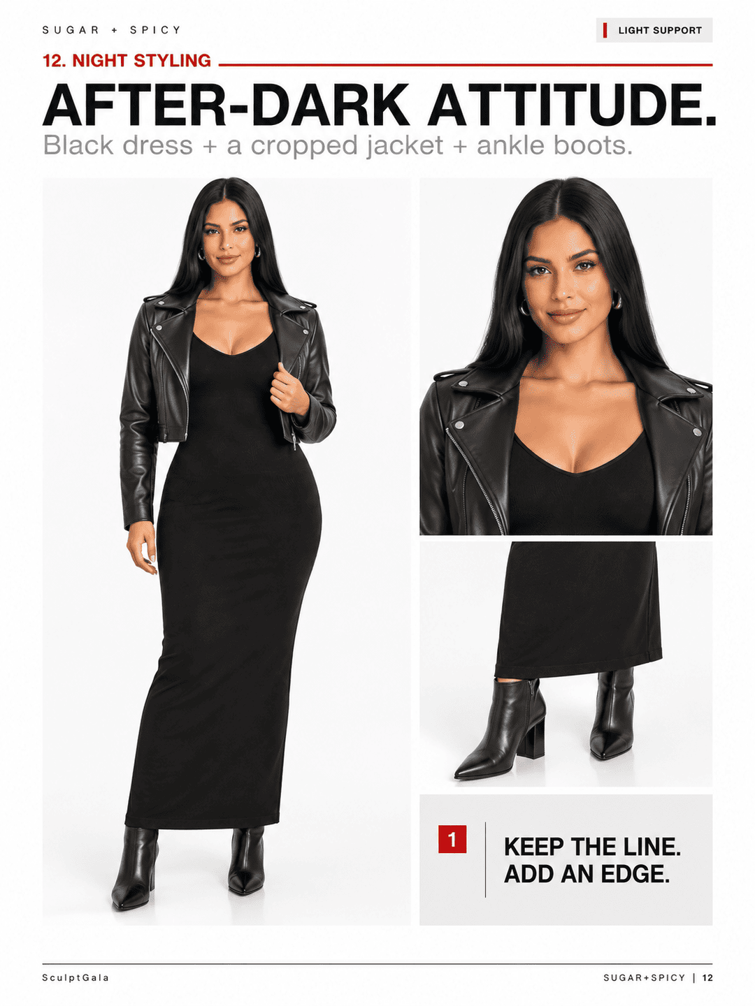 A fashion editorial page showing a model wearing a black bodycon dress with a black cropped leather jacket and black ankle boots under the headline &