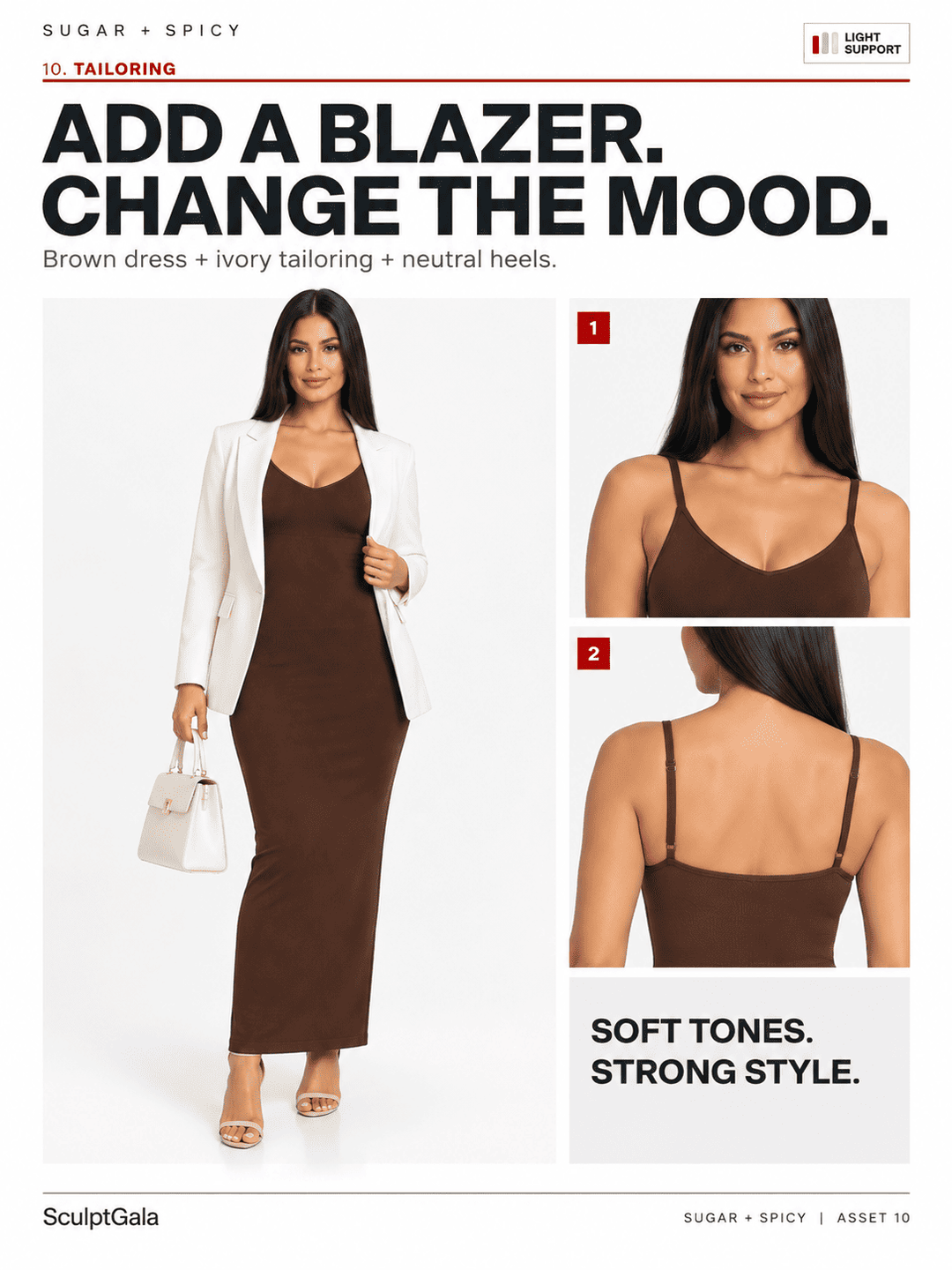 Fashion editorial-style product image showing a woman modeling a brown sleeveless dress with a white blazer, plus two inset close-ups of the bralette/camisole top from front and back. Large headline reads &