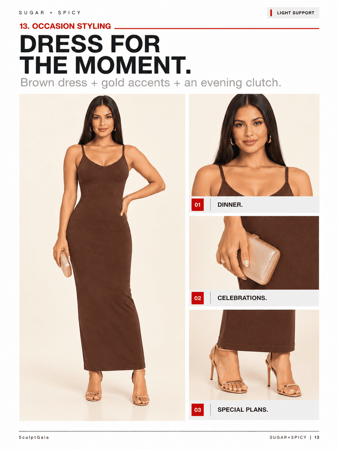 A fashion catalog page showing a woman modeling a brown spaghetti-strap midi dress in three styled scenarios: dinner, celebrations, and special plans. The page includes descriptive text and small inset detail photos of the dress.