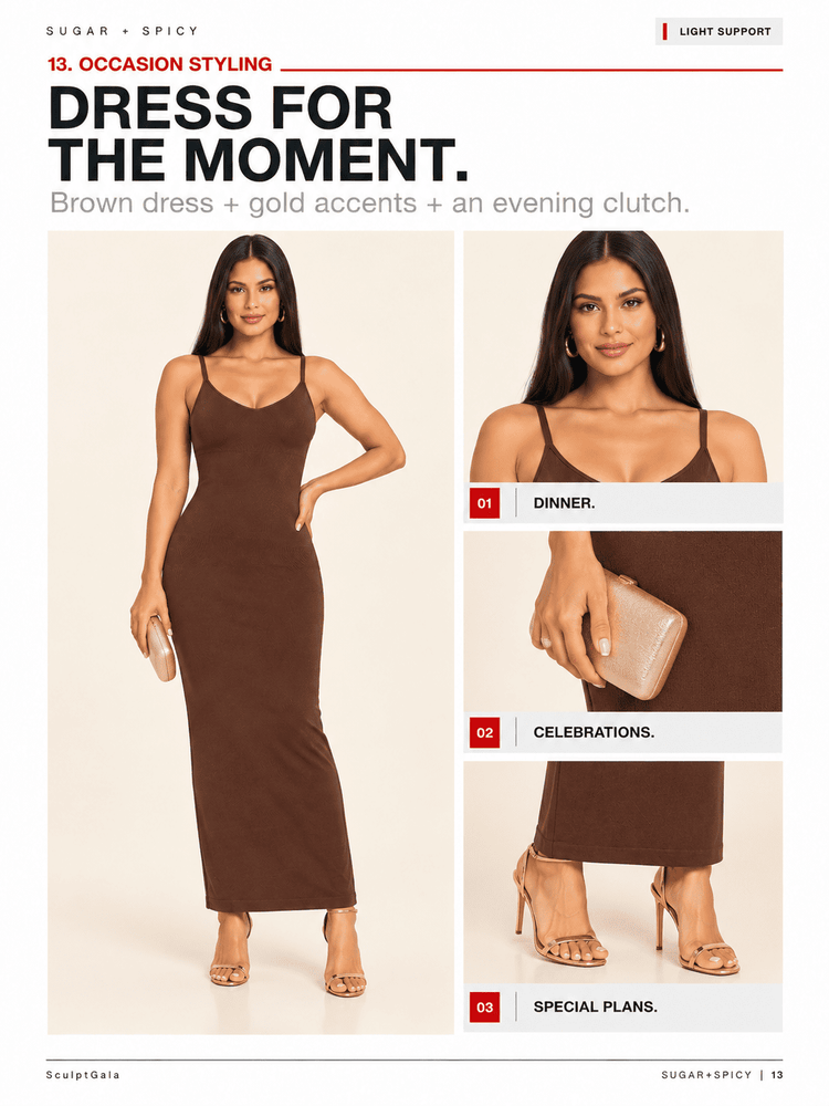 A fashion catalog page showing a woman modeling a brown spaghetti-strap midi dress in three styled scenarios: dinner, celebrations, and special plans. The page includes descriptive text and small inset detail photos of the dress.