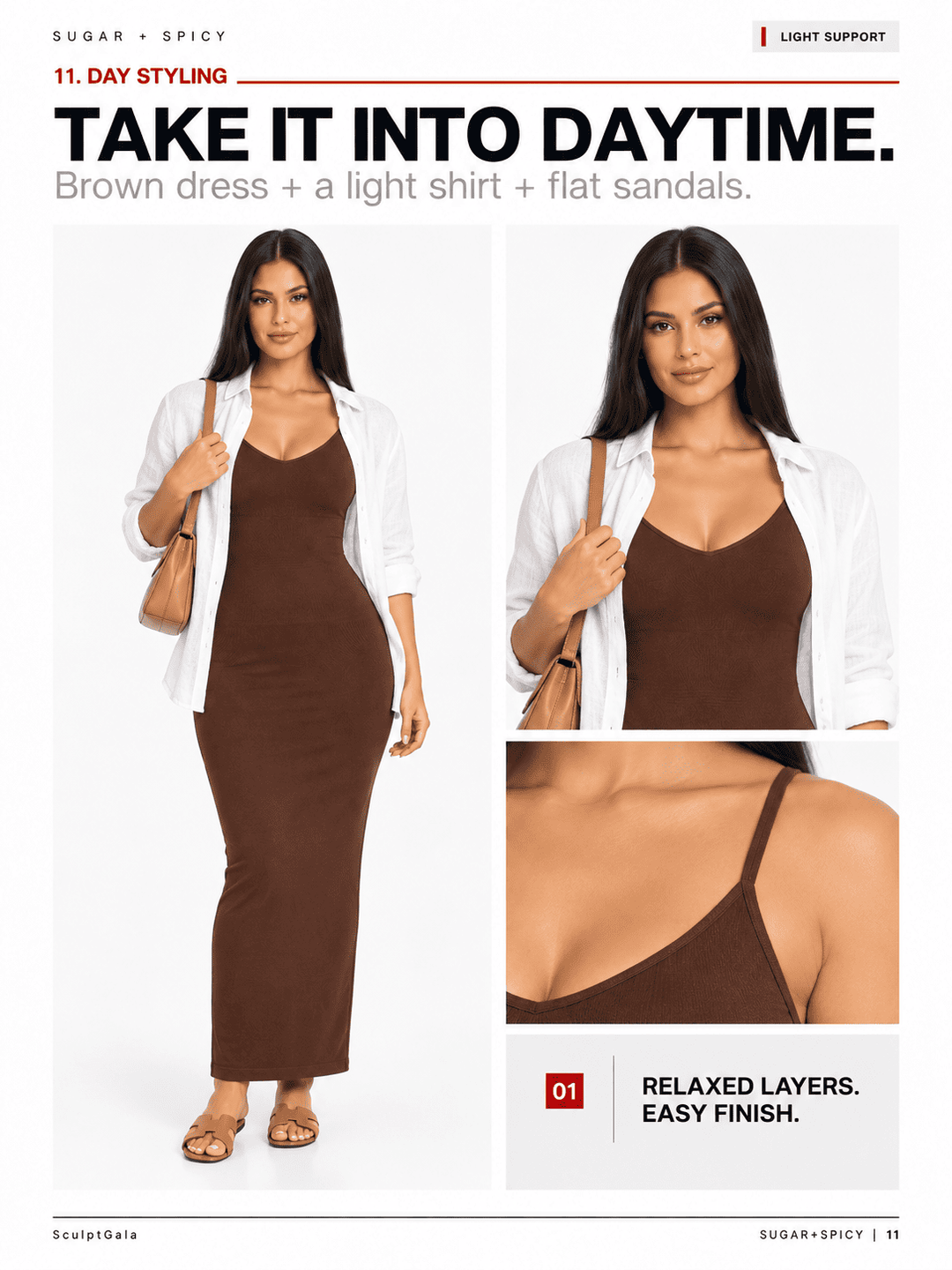 A fashion catalog page showing a model wearing a brown sleeveless maxi dress styled with an open white shirt, a tan shoulder bag, and flat sandals. The page includes text reading &