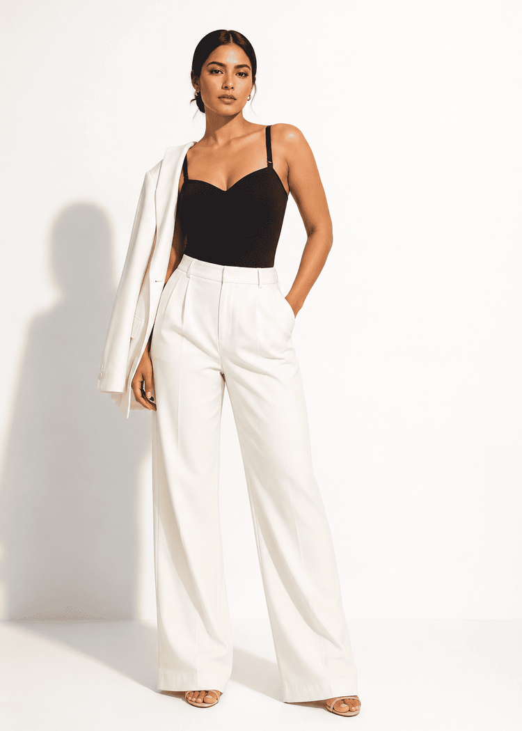 A woman modeling a black camisole top, white wide-leg trousers, and an open white blazer against a clean white studio background.