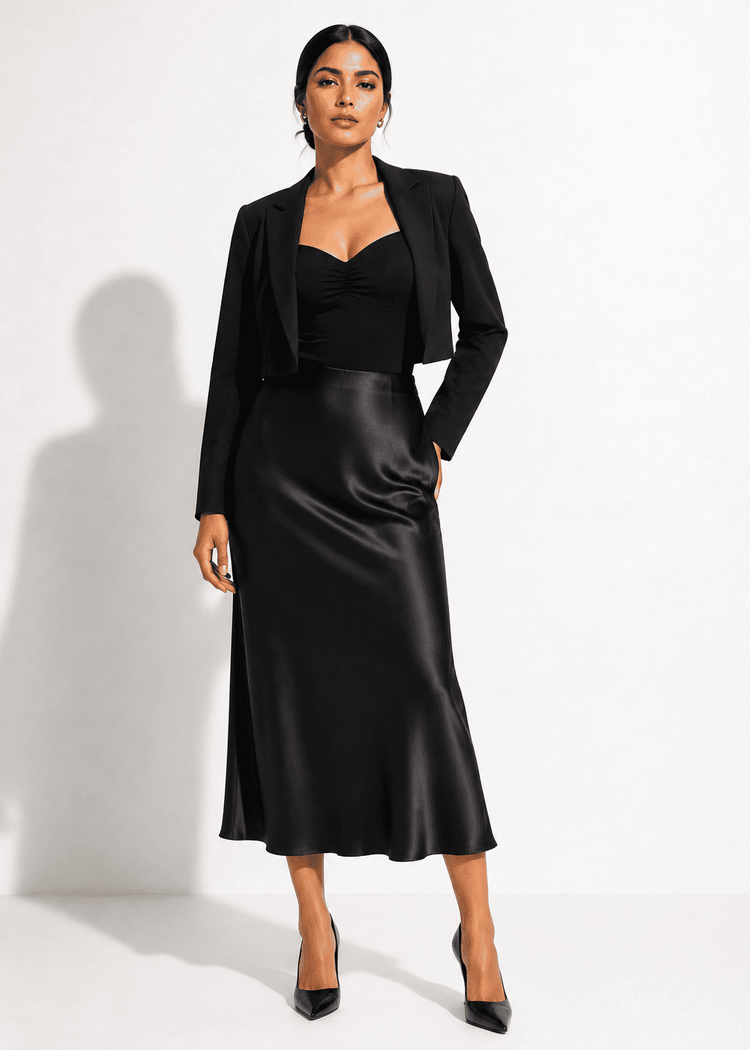 A woman models a black outfit consisting of a structured blazer, a sweetheart-neckline top, and a satin midi skirt, paired with black pointed-toe heels against a white studio background.