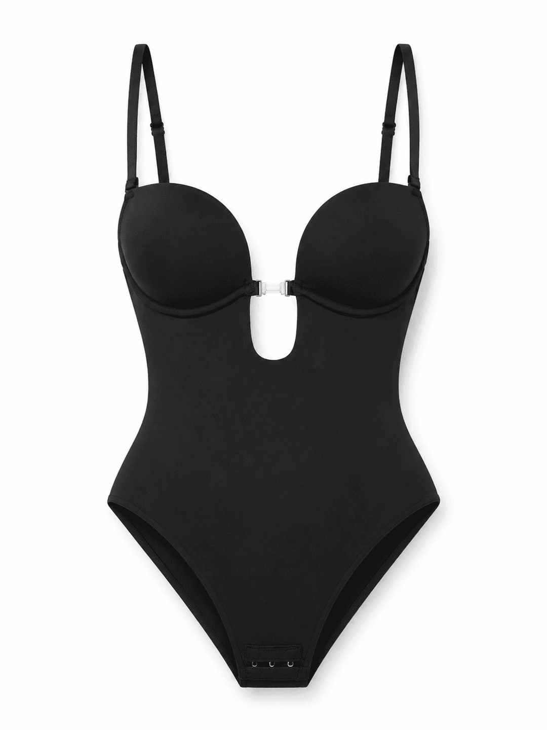 A black shapewear bodysuit with underwire cups and adjustable shoulder straps, featuring a keyhole cutout at the bust and a snap closure at the crotch, shown on a plain white background.
