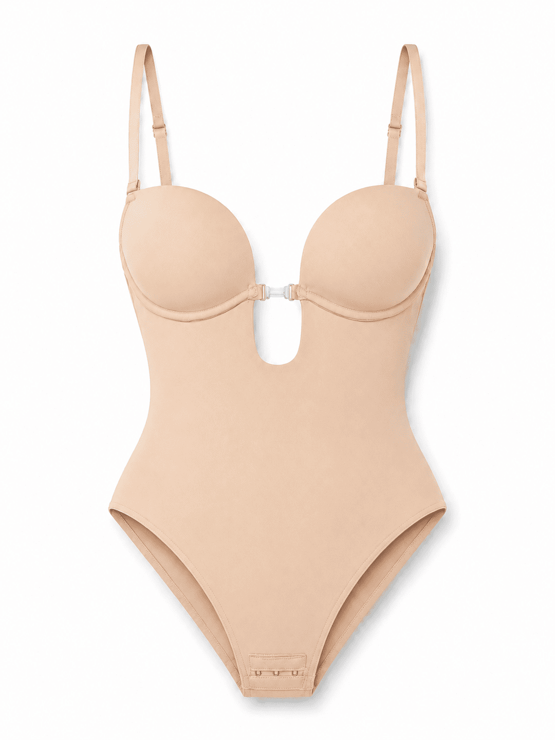 A nude-beige seamless shapewear bodysuit with underwire cups and adjustable shoulder straps, displayed on a clean white background.
