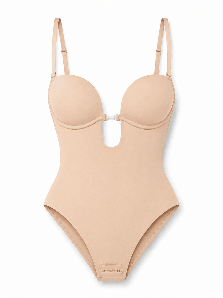 A nude-beige seamless shapewear bodysuit with underwire cups and adjustable shoulder straps, displayed on a clean white background.