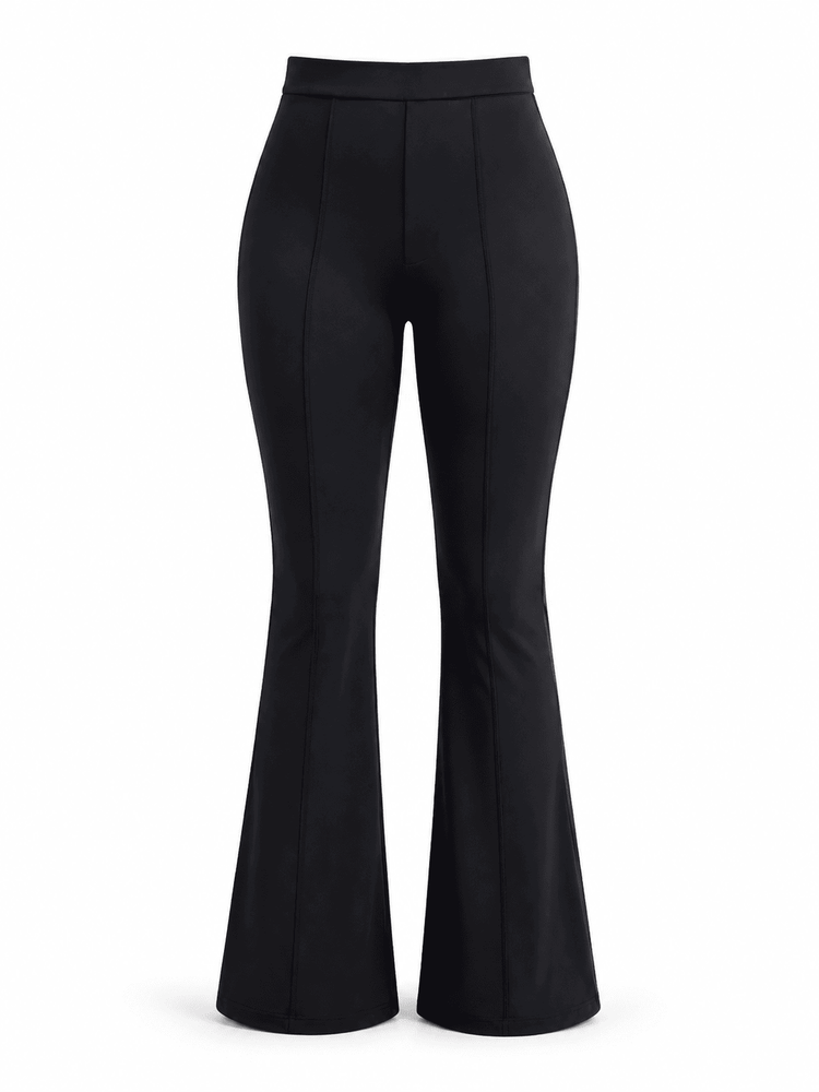 Black flared trousers with a high waist and front seam detailing, shown on a plain white background.