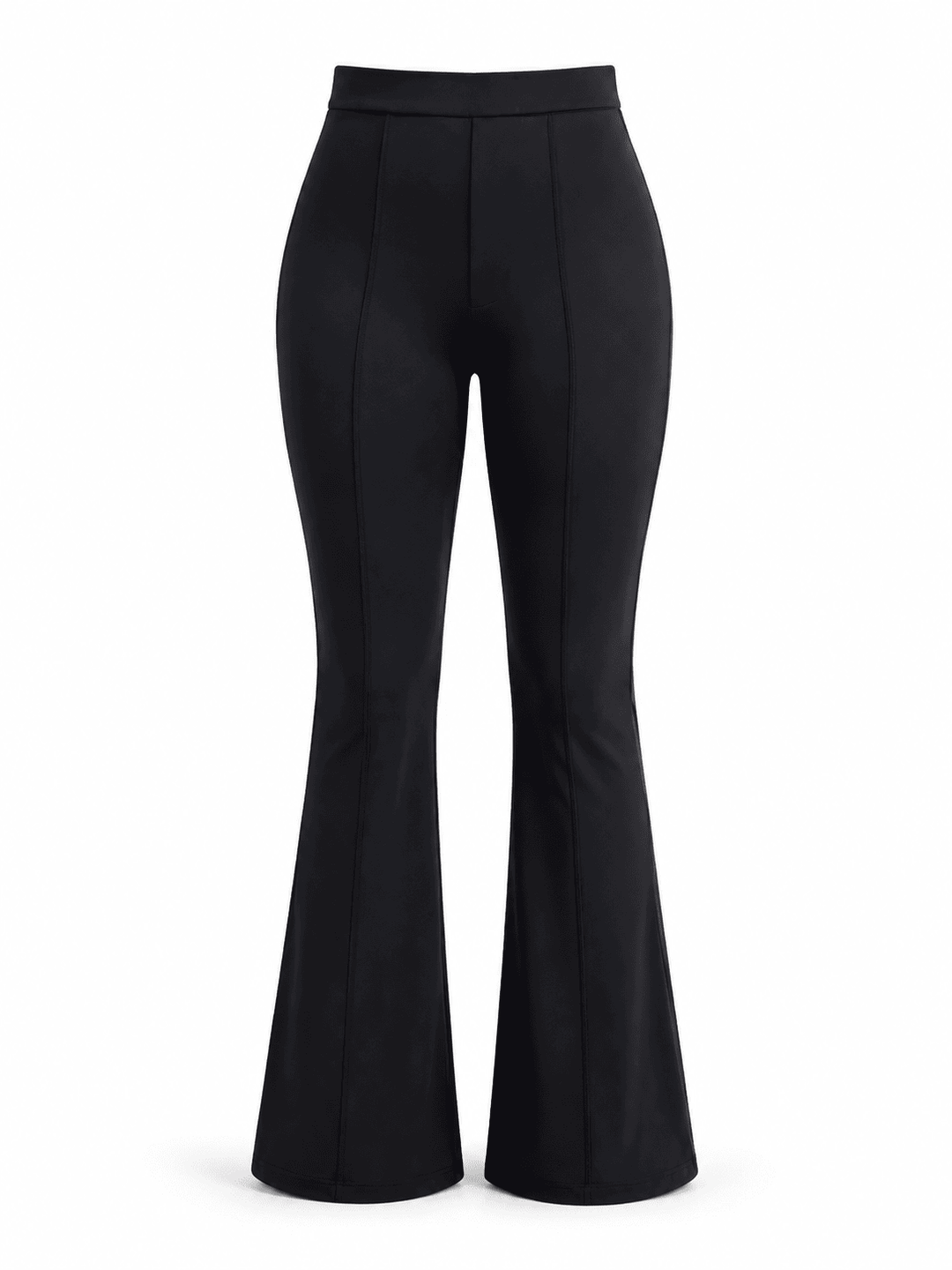 Black flared trousers with a high waist and front seam detailing, shown on a plain white background.