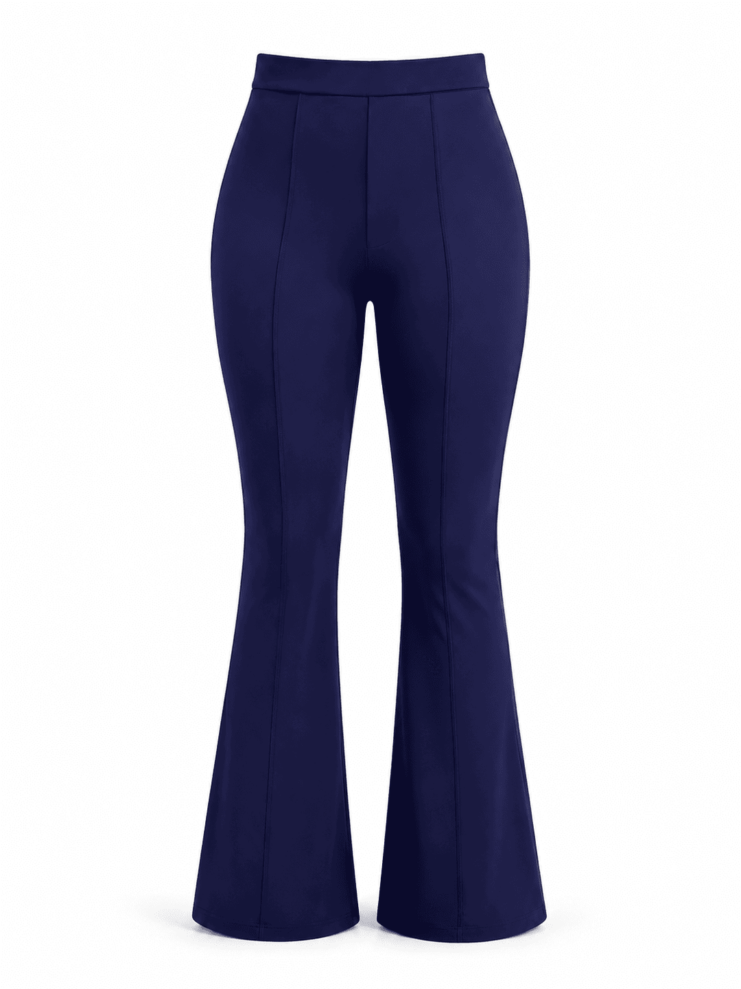 A pair of high-waisted navy blue flared pants shown on a clean white background.