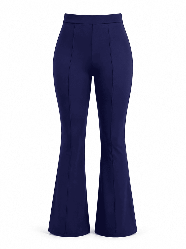 A pair of high-waisted navy blue flared pants shown on a clean white background.