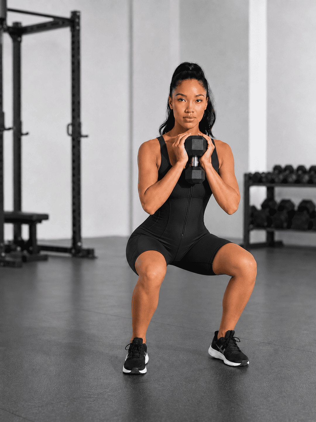 A woman in a black athletic jumpsuit and black sneakers holds a hex dumbbell while performing a deep squat in a gym setting.