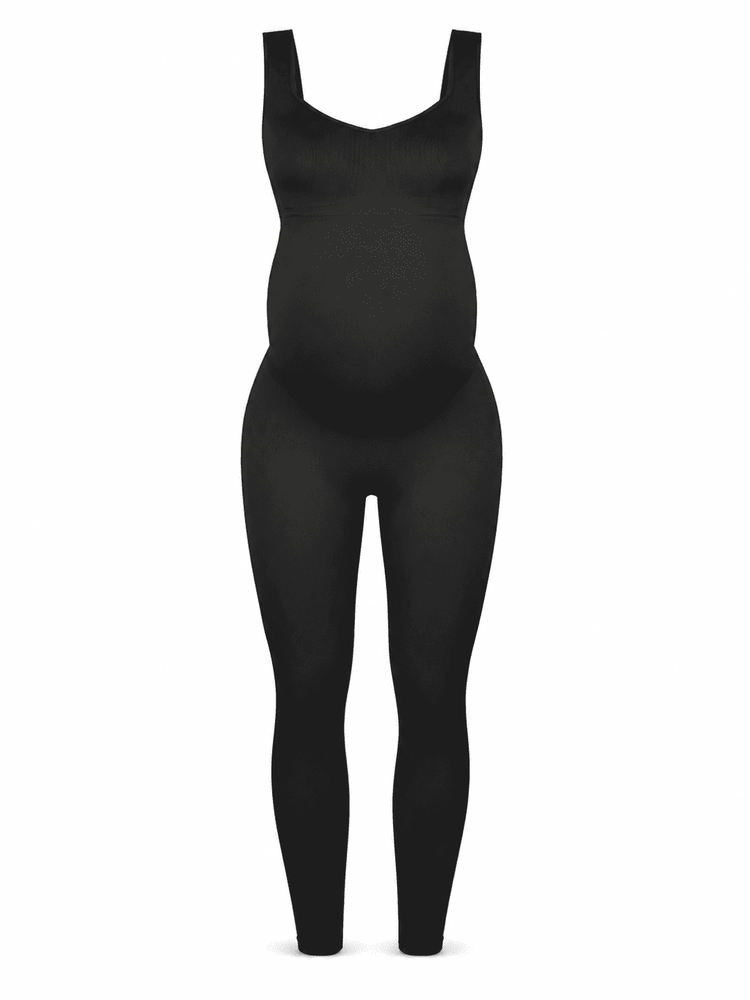 Black maternity shapewear bodysuit with a V-neckline and wide shoulder straps, shown on a white background.