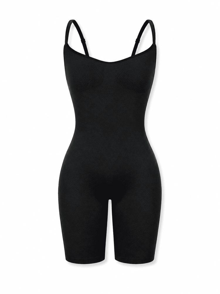 A black ribbed shapewear bodysuit with thin shoulder straps and a scoop neckline, shown on a plain white background.