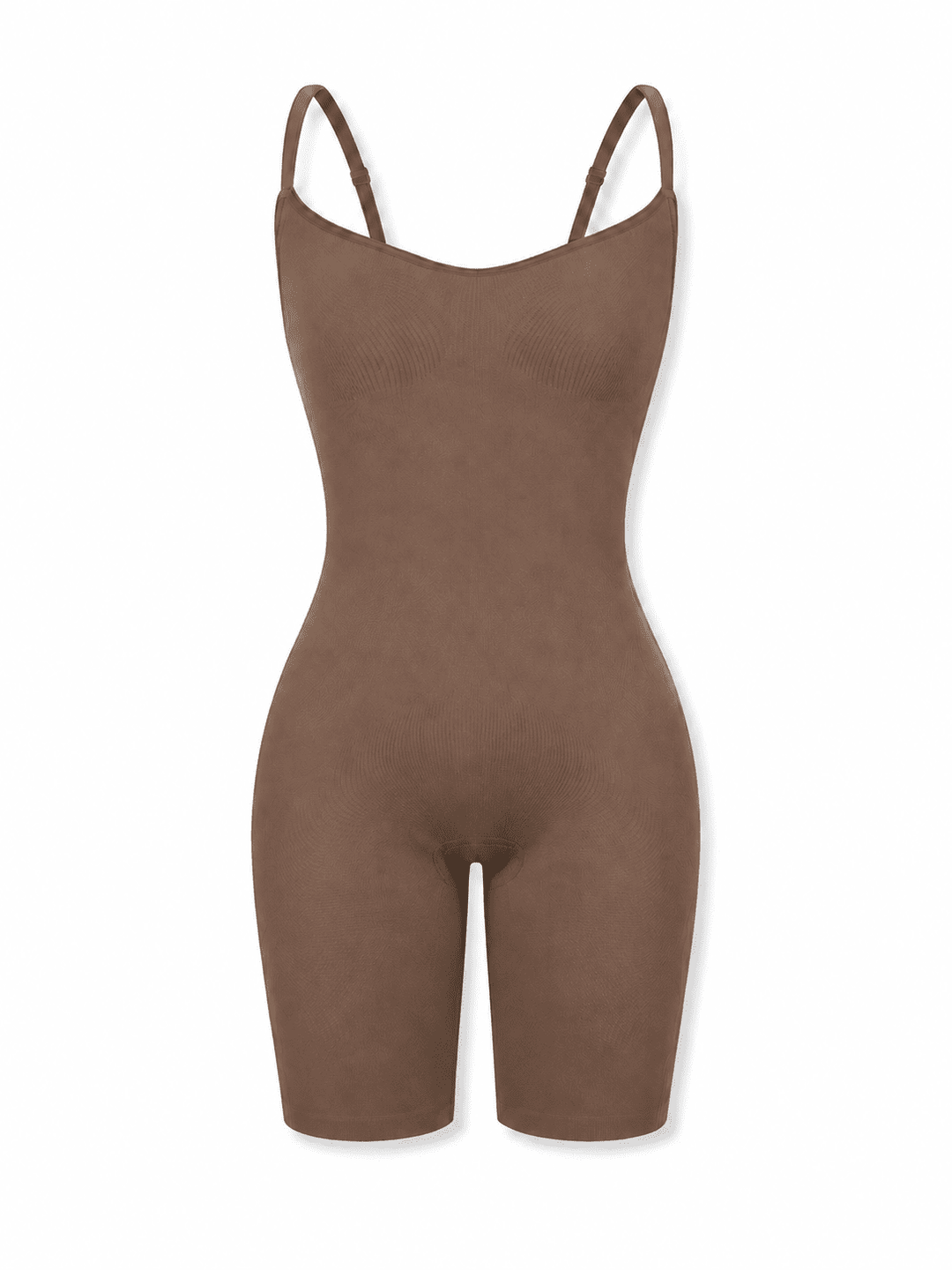 A brown ribbed bodysuit with thin shoulder straps and a scoop neckline, shown on a plain white background.