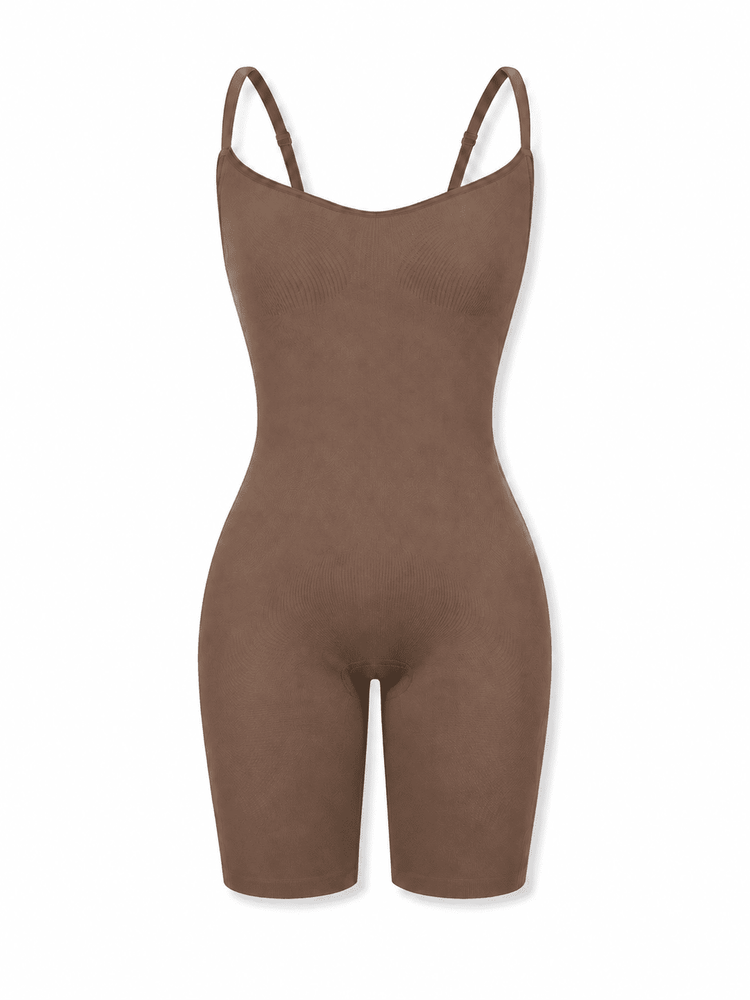 A brown ribbed bodysuit with thin shoulder straps and a scoop neckline, shown on a plain white background.