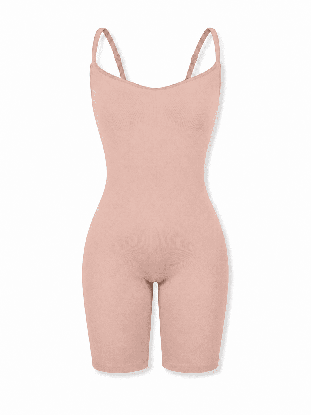 A light pink one-piece short bodysuit with thin shoulder straps, displayed on a clean white background.