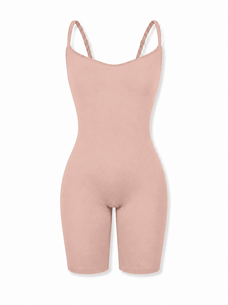 A light pink one-piece short bodysuit with thin shoulder straps, displayed on a clean white background.