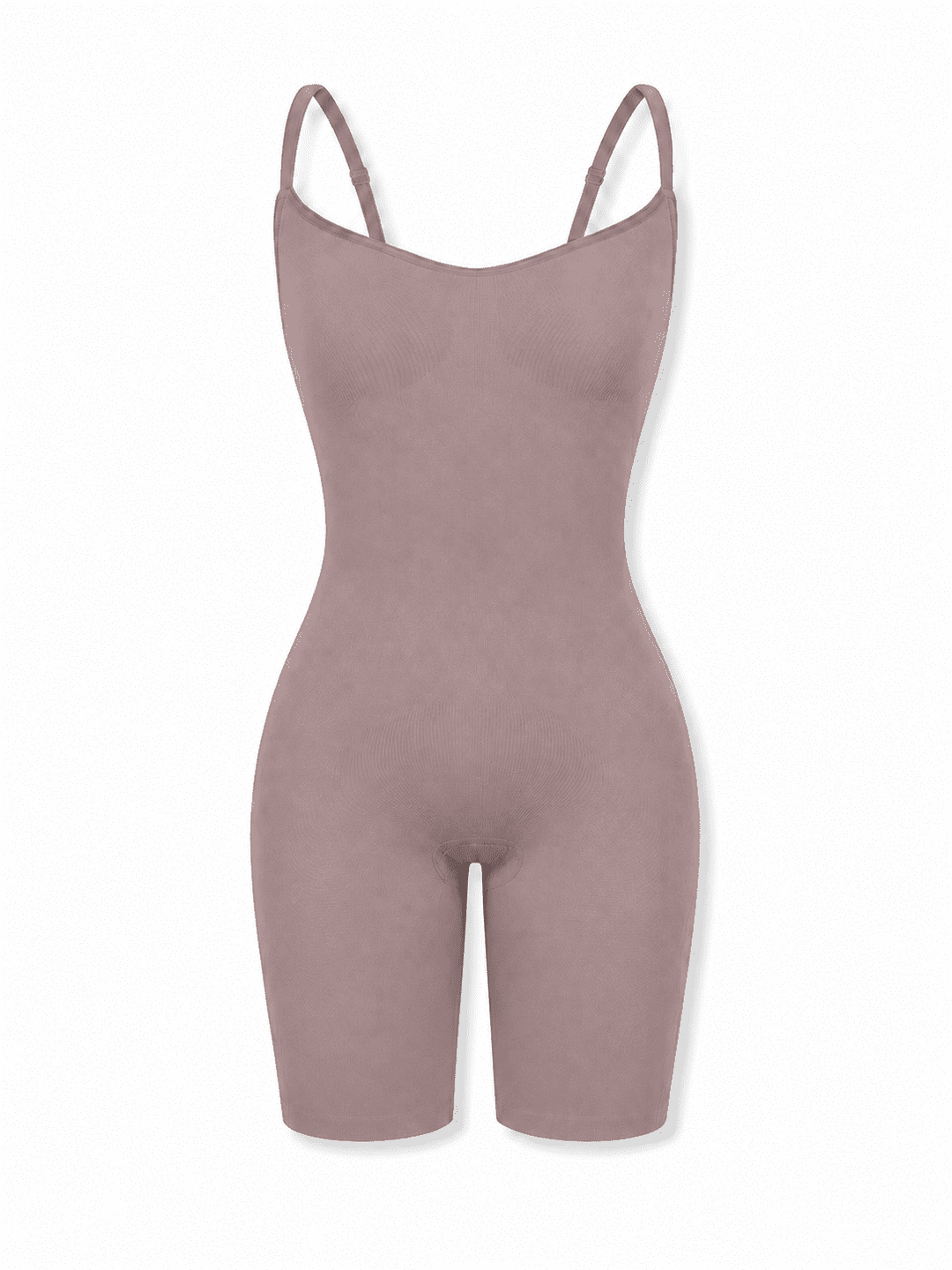 A dusty rose one-piece short bodysuit with thin shoulder straps, displayed on a clean white background.