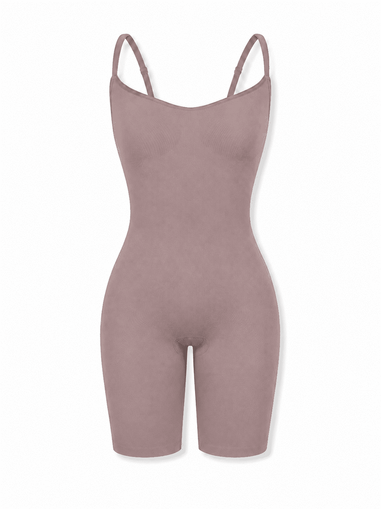 A dusty rose one-piece short bodysuit with thin shoulder straps, displayed on a clean white background.