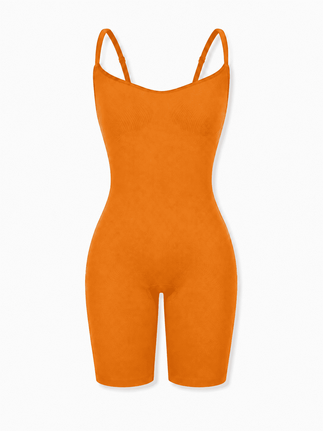 A bright orange sleeveless one-piece jumpsuit with thin shoulder straps, shown against a plain white background.