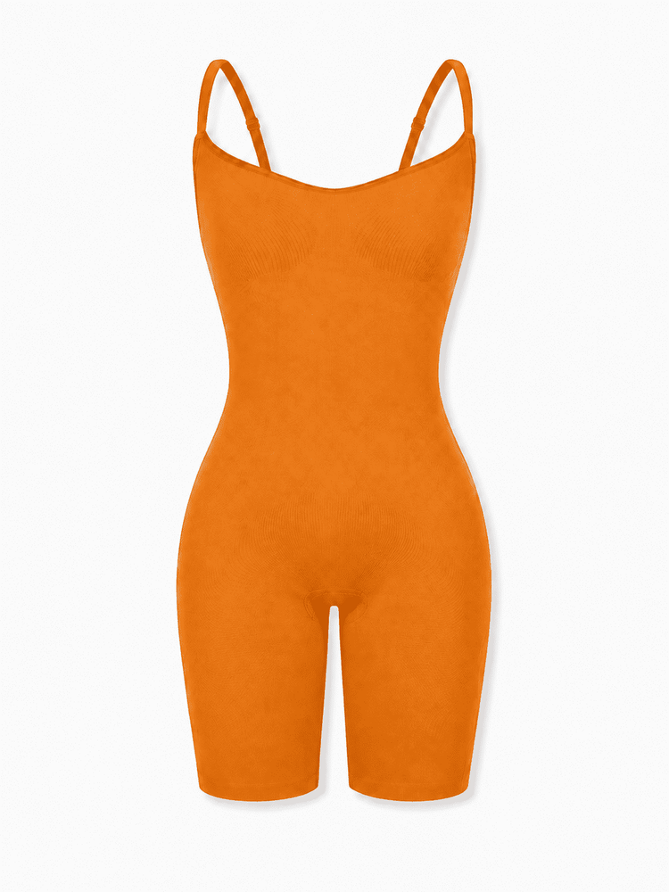 A bright orange sleeveless one-piece jumpsuit with thin shoulder straps, shown against a plain white background.