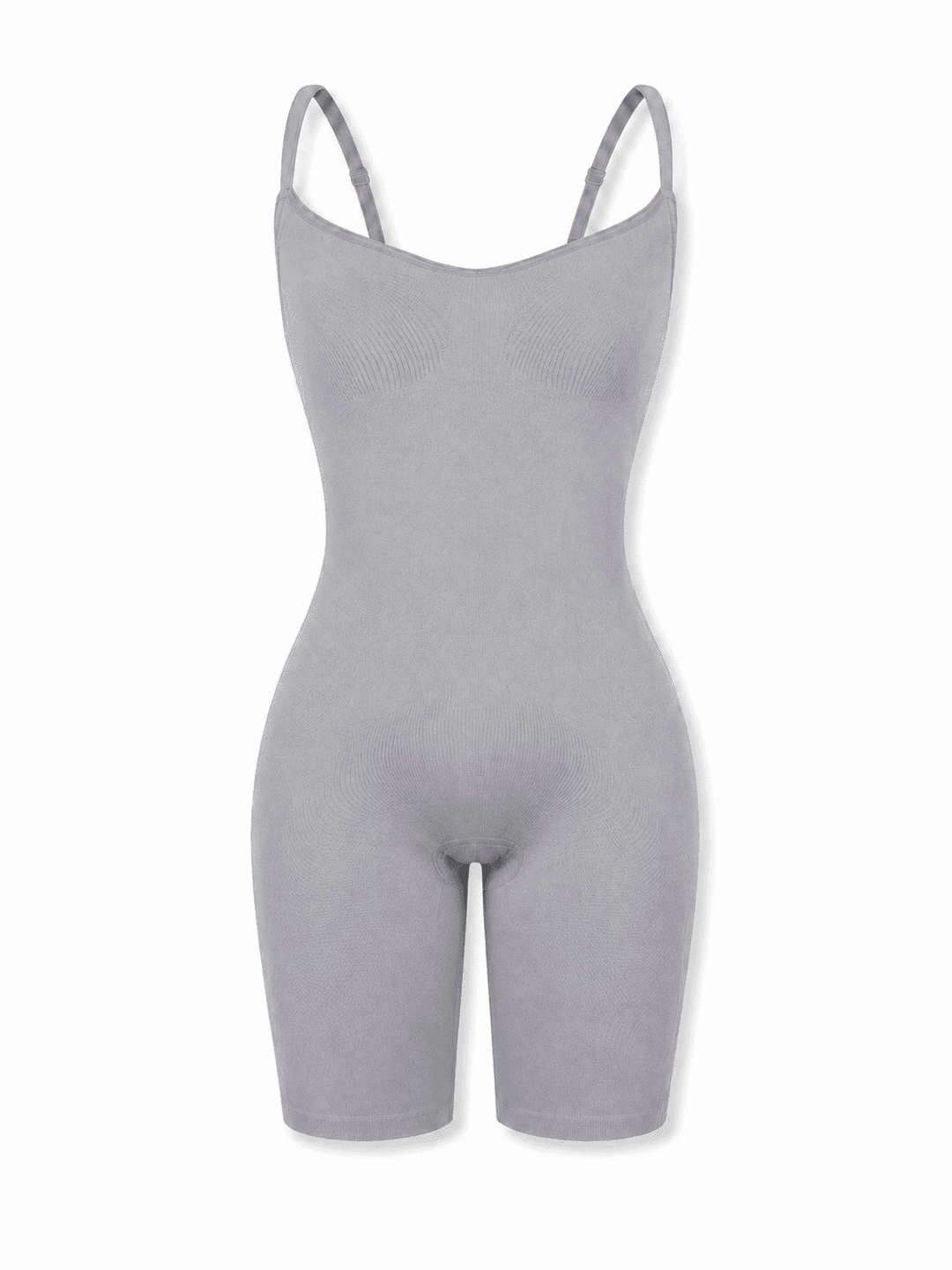 A light gray seamless bodysuit with thin shoulder straps and a scoop neckline, displayed on a clean white background.