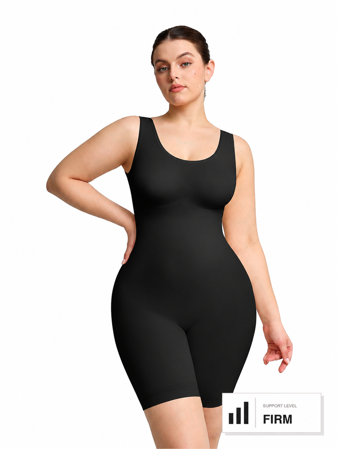 A woman modeling a black sleeveless shapewear bodysuit with built-in shorts, shown against a plain white background with a 'FIRM' support level badge in the lower right corner.