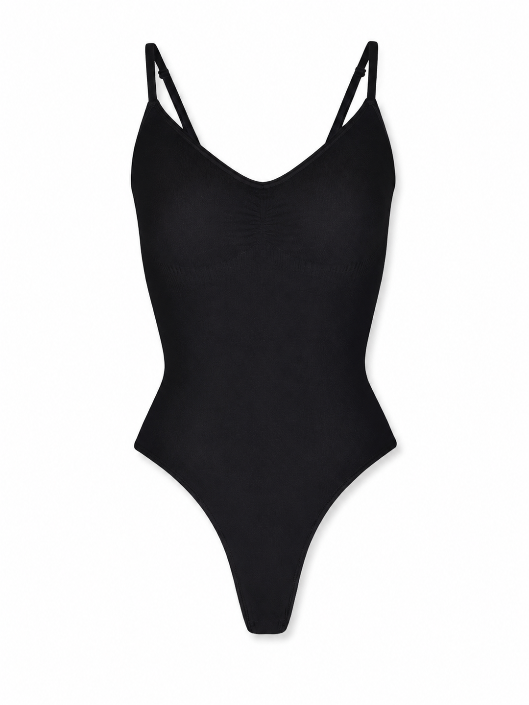 A black one-piece bodysuit with thin double shoulder straps and a V-neckline, displayed against a solid white background.