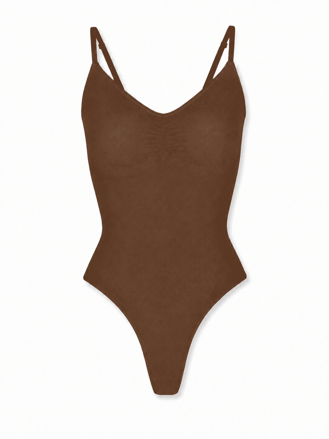 A brown one-piece swimsuit with thin double shoulder straps, displayed flat against a plain white background.