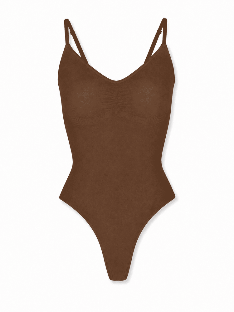 A brown one-piece swimsuit with thin double shoulder straps, displayed flat against a plain white background.