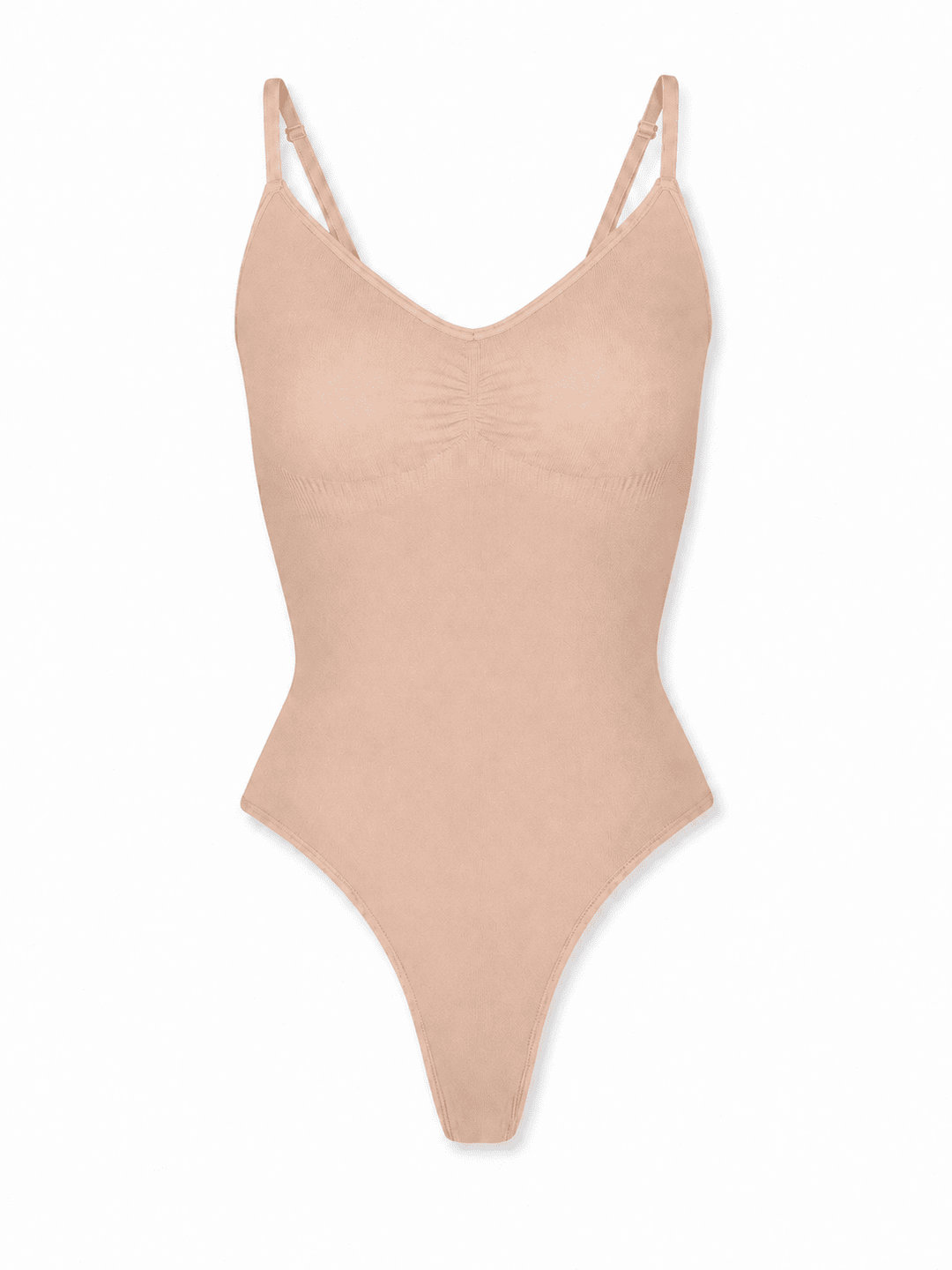A light peach-beige one-piece bodysuit with thin double shoulder straps and a gathered bust detail, shown against a plain white background.