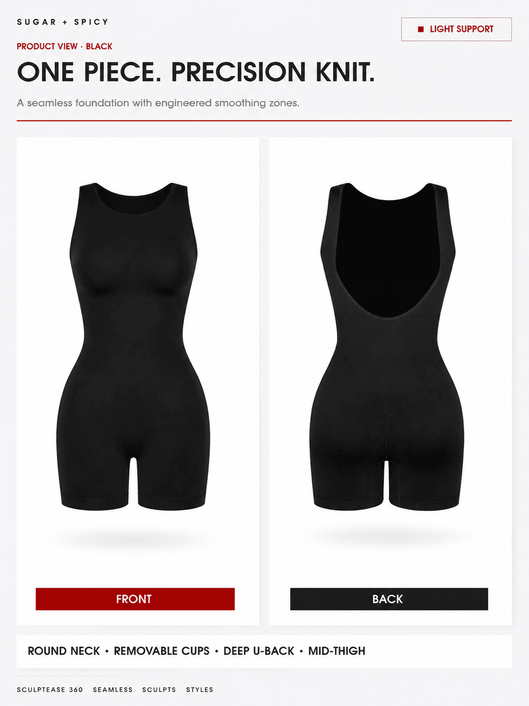 A digital product mockup showing a black one-piece seamless knitted bodysuit from the front and back, labeled &