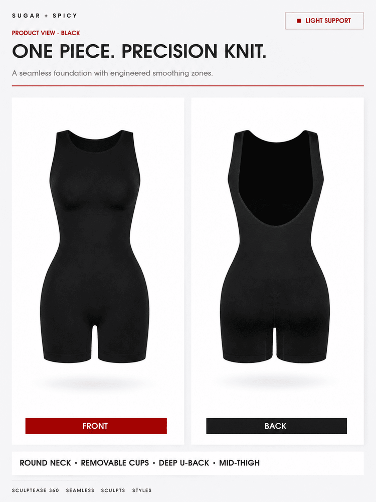 A digital product mockup showing a black one-piece seamless knitted bodysuit from the front and back, labeled 'ONE PIECE. PRECISION KNIT.