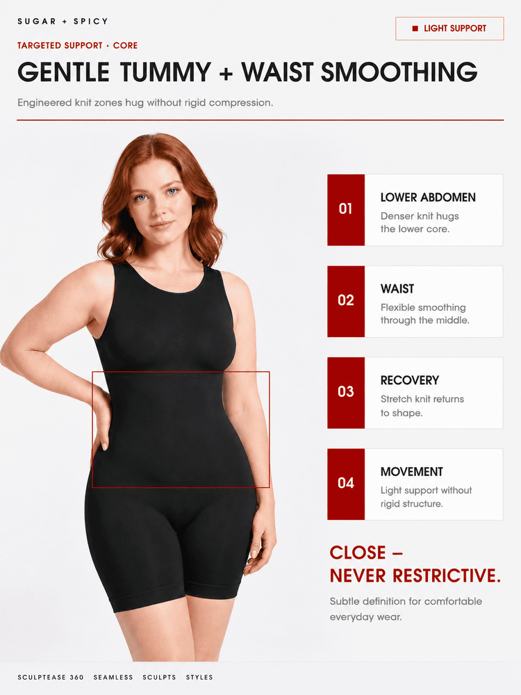 A model wearing a black tight-tapering bodysuit or shapewear garment with a red hair bun, shown on a white background with marketing text and callouts about waist and tummy support.