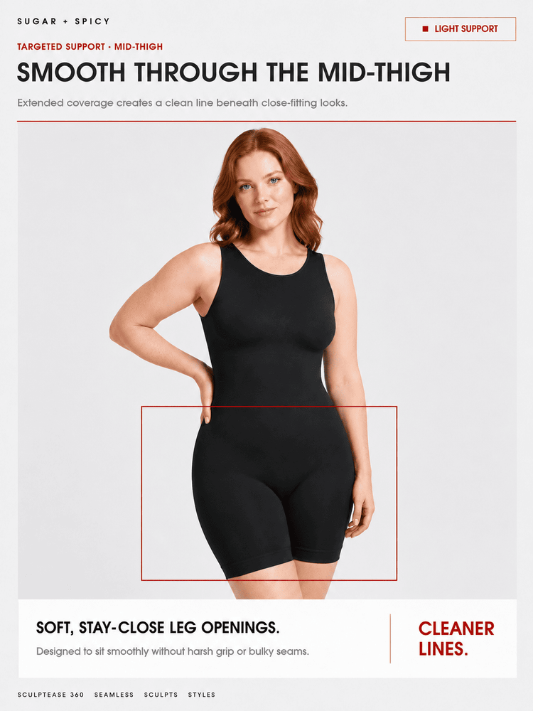 A model wearing a black seamless mid-thigh compression bodysuit against a light gray background, with promotional text highlighting targeted support and clean lines.