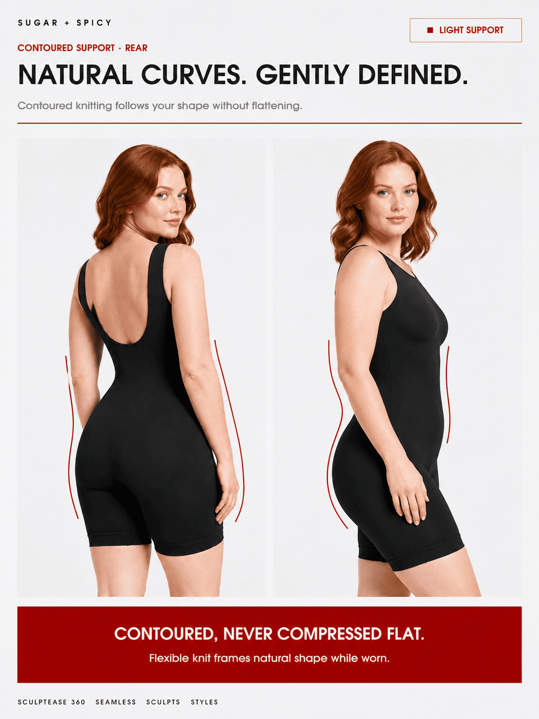 A model shown twice in a studio setting wearing a black contoured shapewear brief. The left figure shows the back view with red curved lines indicating shape support, and the right figure shows the front/side view.