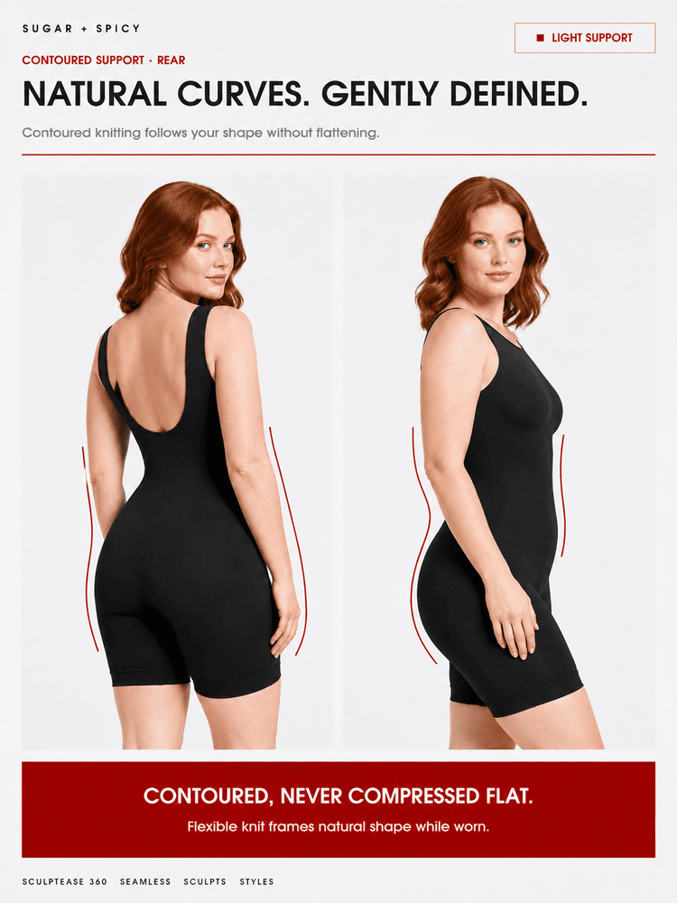 A model shown twice in a studio setting wearing a black contoured shapewear brief. The left figure shows the back view with red curved lines indicating shape support, and the right figure shows the front/side view.