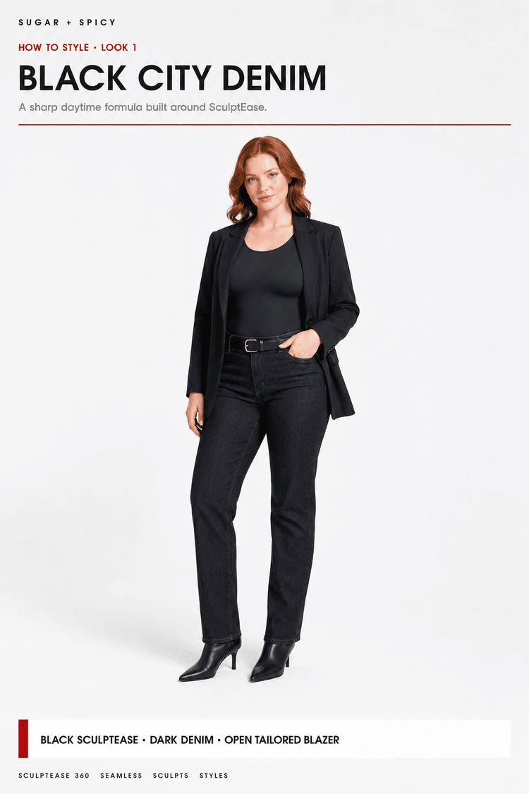 A woman modeling a black tailored outfit against a light gray studio background. She wears a black blazer, black top, black pants, and black heeled boots.